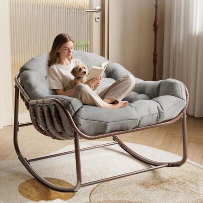 Outdoor Papasan Women Rocking Chair, Oversized Wicker Lounge Chair With Cushion And Metal Frame, Patio Rattan Egg Rocker For Balcony Backyard Porch Bedroom, Grey