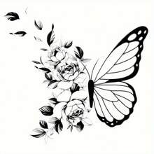Adesivos de tatuagem temporária à prova d'água com borboletas e flores - Longa duração de 1 a 2 semanas, à base de ervas, arte corporal moderna para braço, peito e ombro - Design elegante em preto e branco - Preto - Ver 7