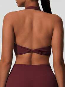 Sodalemon Sutiã esportivo feminino de cor sólida, modelo nadador com torção nas costas, ideal para ioga, fitness e atividades físicas. Elástico para treino, corrida e academia. - Vermelho - Ver 4