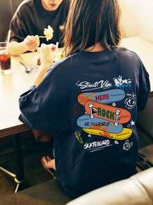 Japanese Style Women's Loose Casual Round Neck Letter & Skateboard Print Short Sleeve T-Shirt, Versatile For Spring/Summer - Navy Blue - View 2