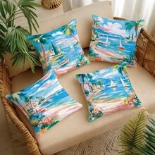 MEMNUN 4 件套地中海海景印花枕套（不含枕芯），尺寸 45*45 厘米（17.7*17.7 英寸），单面印花，涤纶材质，图案包括棕榈树、白色帆船、橙色沙滩小屋和蓝色大海，适用于沙发、客厅、卧室、汽车、办公室、酒店、度假屋等场所，是馈赠亲朋好友的理想之选。 - 彩色 - 查看 11
