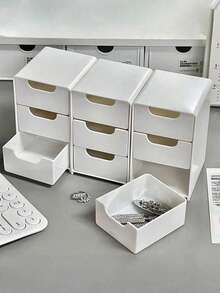3-Tier White Plastic Desktop Storage Box, Classic Stackable Drawers, Mini Desktop Makeup Organizer Box, Makeup And Jewelry Storage Box, Desktop Display Box With Drawers, Suitable For Office Supplies, Jewelry, Cosmetics - Space-Saving Desktop Accessory, Also Suitable For Dorm And Home Desktop Drawer Storage - Multicolor - View 3