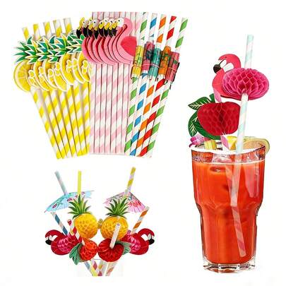 10pcs Fruit Cocktail Paper Straws, Flamingo Fruit Paper Straws, Fruit Pattern Paper Straws, Beverage Straws, Home Party Straws, Outdoor Camping And Beach Dinner Drink Straws, Tropical Party Set, Hawaiian Straws And 3D Fruit Umbrellas, Paper Watermelon And Pineapple Cocktail Decorations, Suitable For Outdoor, Camping, BBQ Party, Bar And Decorations