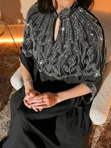 Elegant Woven Fabric Robe With Beaded Keyhole Neckline And Batwing Half Sleeves, Long Design With Exquisite Lapel Decoration Spring Black - Black - View 3