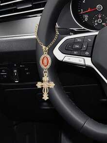 1pc Steering Wheel Decor Chain - Virgin Mary Pendant And Diamond Cross Steering Wheel Accessory, Multi-Color Options; Catholic Pendant, Car Accessories, Cross Keychain, Adjustable Chain, Fashion Accessory - A - View 5