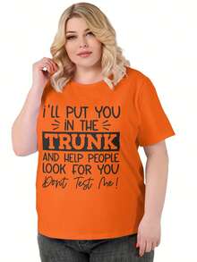 Plus Size Women Funny Slogan Crew Neck T-Shirt, I Will Put You In The Trunk Print, Stretchy Short Sleeve Casual Top, Machine Washable White Top, Womens T Shirt, Humorous Graphic,   For Women - 黑色 - 查看 9