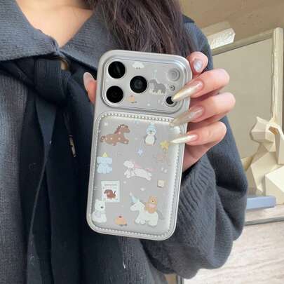 Cartoon telefoonhoesje met rijdende beer, compatibel met iPhone 17 Pro Max / 16 Pro Max / 15 Pro Max / 14 Pro / 13, modieus dames-/minimalistisch herentelefoonhoesje