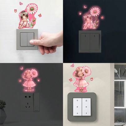 1pc Pink Skirt Girl Daisy Luminous Switch Sticker, Red Luminous Self-Adhesive PVC Material Easy To Remove, Bedroom/Children's Room/Living Room Switch Socket Decoration, Suitable For Multiple Scenarios, Female Room Decoration