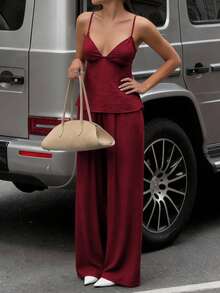 Vaiaye 女士两件套：优雅吊带上衣和宽松抽绳裤，亚麻深V露背吊带上衣搭配宽松腰裤，性感可爱优雅浪漫夏季两件套 - 酒紅色 - 查看 9