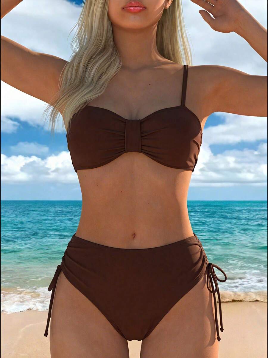 Women's Summer Beach Full-Print Floral Spaghetti Strap Bikini Set, 2pcs Vacation - Brown - View 1