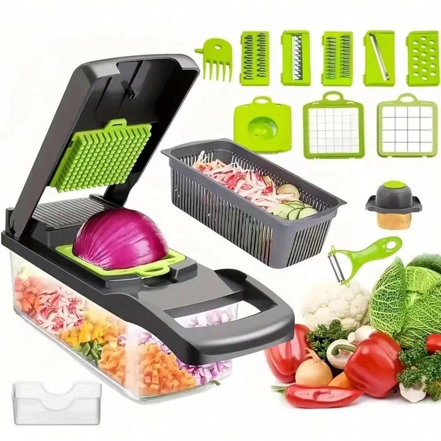 Multi-Functional Vegetable Cutter, Kitchen Potato Slicer, Carrot Grater, Food Chopper - Gray 16-piece Set - View 1