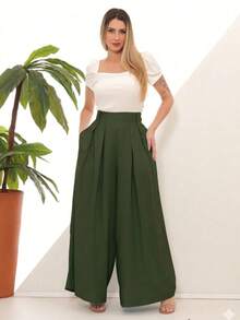 Women's Wide Leg High Waist Wide Leg Pants - Hijau Tentara - View 1
