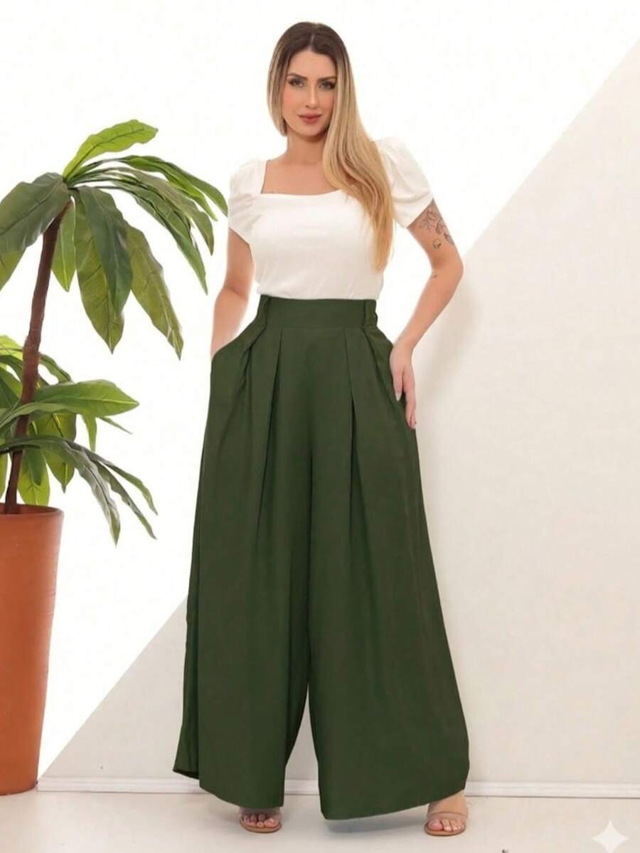 Women's Wide Leg High Waist Wide Leg Pants - Hijau Tentara - View 1