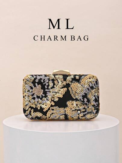 1pc Women's Ditsy Floral Handbag, Fashionable Vintage Sequin Embroidered Flower Chain Shoulder Bag, Mini Box Bag, Suitable For Party Girls, Brides, Newlyweds And Office Ladies For Party, Ball, Wedding (Pattern Random), Also Suitable For Work, Business Travel, Outing And Commuting. Sequin Bag