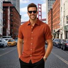 Men's Dress Shirt With Italian Collar, Short Sleeves, Slim Fit, Casual, Versatile, Elegant, Basic - 紅陶 - 查看 1