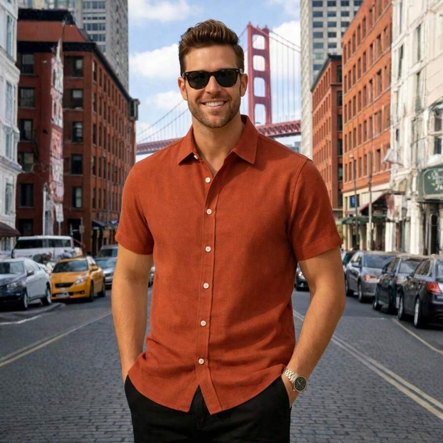 Men's Dress Shirt With Italian Collar, Short Sleeves, Slim Fit, Casual, Versatile, Elegant, Basic - 紅陶 - 查看 1
