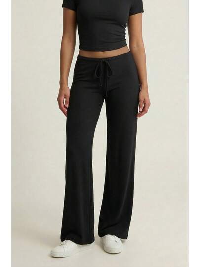 Women's Casual Black Wide Leg Fabric Pants With Drawstring Detail Long Medium Stretch