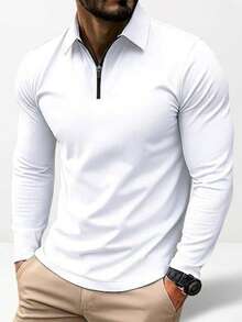 Men's Long-Sleeved Polo Shirt With Front Zip, Made Of Polyester, Regular Fit And Casual Style. - 白色 - 查看 4