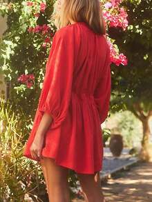 春夏新款优雅时尚性感深V领泡泡袖修身休闲迷你连衣裙，度假波西米亚风、热带风情、阳光连衣裙 - 紅色 - 查看 10