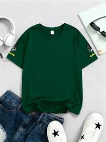 青少年男孩“恐龙”字母和爪子印花圆领T恤，男孩夏季新款服装 - 墨綠色 - 查看 2