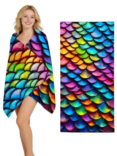 1 chiếc khăn tắm biển in họa tiết vảy cá nhiều màu sắc, cỡ lớn, mềm mại, nhanh khô, đa năng, chất liệu sợi siêu mịn, thích hợp cho yoga, bơi lội, tập thể dục, cắm trại, đi biển, là vật dụng lý tưởng không thể thiếu cho kỳ nghỉ (in một mặt)