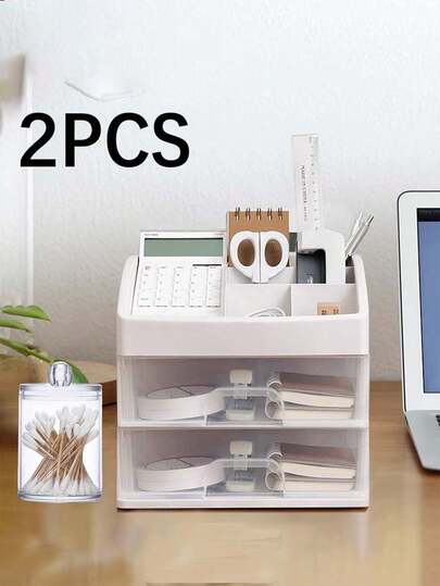 2pcs/Set Large Storage Box+Cleaning Swab Jar, Desk Stationery Storage Box, High-End Dresser Cosmetics Storage Box, Storage Organizer, Simple Drawer Office Stationery Storage Box, Lipstick Skin Care Desktop Storage Box, Jewelry Storage Rack, Bathroom Storage Box, Bathroom Storage Rack, Back To School Supplies