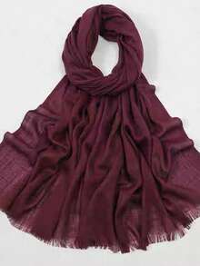 120g Faux Linen Solid Color Tassel Warm Scarf Shawl, Travel Gift, Bamboo Knit Wrap - Burgundy - View 2