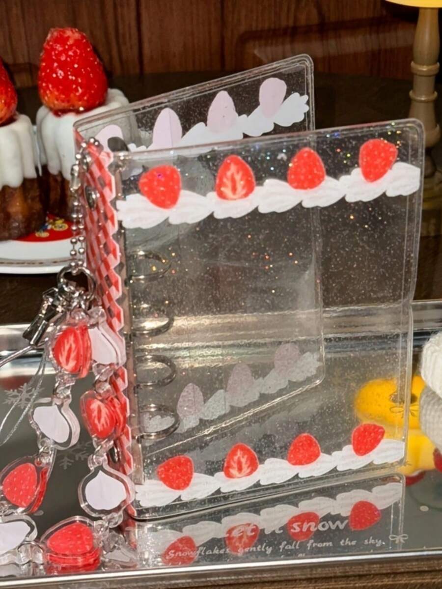 1 pieza Carpeta dura transparente de PVC con crema de fresa - Álbum de fotos instantáneo, páginas reemplazables, se adapta a tarjetas fotográficas de 3 pulgadas para scrapbook, diario, protección de cuaderno