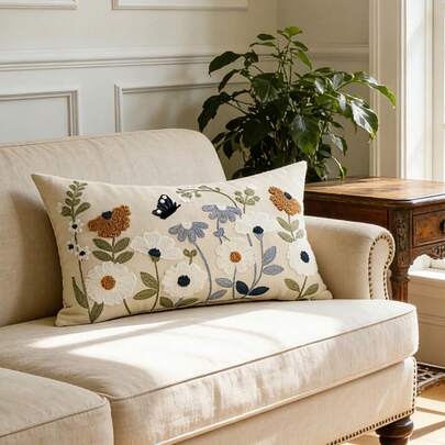 1pc Spring Embroidered Floral 12*20inch Throw Pillow Cover (Pillow Insert Not Included), American Farmhouse Style Home Decor Sofa Cushion Cover, Suitable For Bedroom, Balcony, Living Room, Dining Room, Patio, Pillow Case