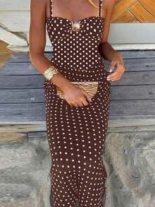 1pc Polka Dot Print Summer Sleeveless Dress, Suitable For Women's Beach Vacation Outfit On Valentine's Day, Elegant Party Wear - Đỏ - Xem 8