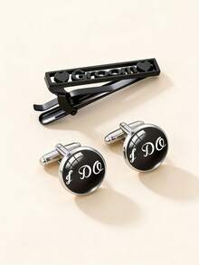 3pcs Luxury Men's Suit Accessory Set: Exquisite Hollow Tie Clip + Personalized Letter Cufflinks, Fashionable Versatile Groom/Father/Groomsman Attire Decoration, Suitable For Weddings, Parties And Various Occasions - Black - View 10