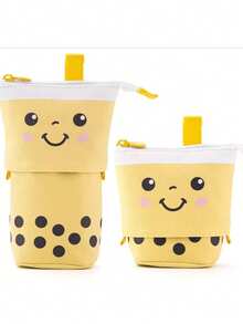 Cute Multi-Functional Pen Holder, Pencil Case, And Makeup Bag - Convertible Pull-Down Canvas Pencil Case Stationery Bag - Pearl Milk Tea Shape - View 9