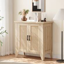 Versatile Boho-Style Sideboard – Rattan Storage Unit With Doors And Shelves – Ideal For Living Room, Kitchen, Hallway – Natural Oak Finish, Bohemian Style - Wood Grain Color 76*80*40 - View 4