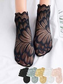 1/5/10双装蕾丝镂空时尚女士羽毛蕾丝隐形弹力舒适薄款女士蕾丝镂空浅口袜 - 彩色 - 查看 2