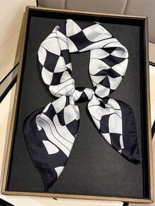 1pc 65*65cm Square Scarf, Women's Satin Silk Imitation Wavy Checkerboard Print, Versatile Neckerchief Headband Shawl - Multicolor - View 9