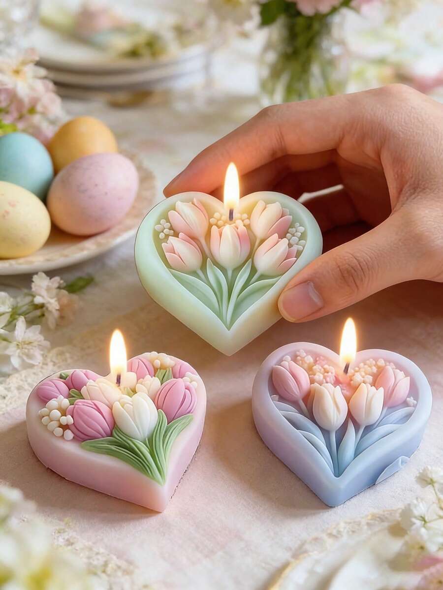 3D心形郁金香花卉硅胶模具，多用途模具，适用于蜡烛、肥皂、石膏和树脂工艺品，适合家居装饰、婚礼和节日DIY礼物、情人节和母亲节礼物 - A - 查看 1