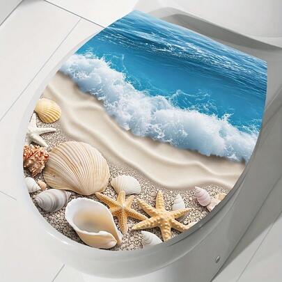 1 pieza Pegatina decorativa de material PVC con un patrón de concha, playa y océano para paredes del hogar y tapas de inodoro del baño, un artículo de decoración del hogar autoadhesivo y romántico adecuado para decoraciones de inodoro en baños comerciales y otros escenarios