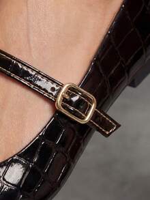 Women's Black Crocodile Patent Square Toe Pumps - Black - View 9