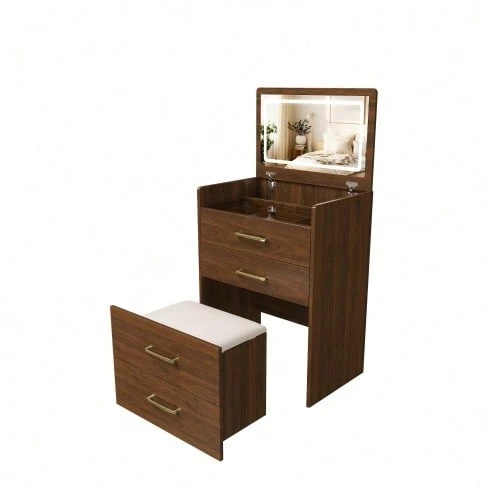 3-In-1 Dressing Table With Open Mirror, Small Dressing Table Set With Clear Glass Tabletop, Compact Dressing Table With 3 Drawers, Bedroom Dressing Table, Dimensions: W60/H118/D40 Cm. - Camel - View 1