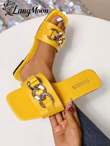 LangMoon 2026 New Yellow Metal Chain Square Toe Flat Sandals For Women, Minimalist Solid White Upper + Luxury Dual Chain Rhinestone Decor, Soft Sole Non-Slip Comfortable, Versatile For Vacation, Commute, Shopping, Party, Dating, Spring/Summer Slip-On - Yellow-l7 - View 6
