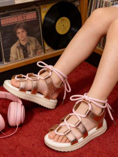 1 Pair, Girls (4-12 Years) Sandals, Rose Gold Metallic Color With Pink Criss-Cross Laces, Soft Faux Leather, Anti-Slip Thick Platform, Open Toe Low-Top, Sweet Style, Ideal For Beach And Summer Play