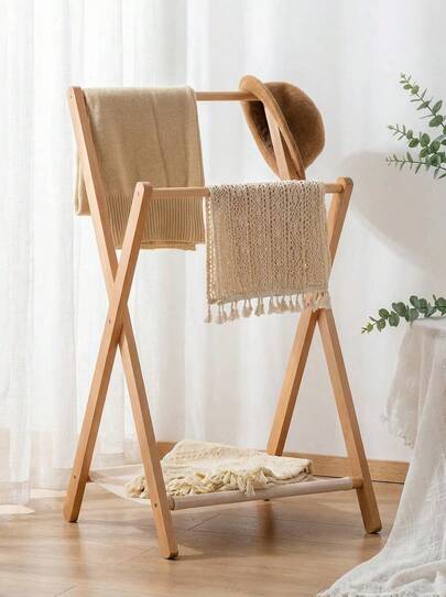 1 pieza Perchero de pie plegable y compacto de bambú para uso doméstico, toallero, perchero multiusos, estantería de almacenamiento, organizador de armario independiente, solución de almacenamiento multifuncional para dormitorio y sala de estar, diseño sin rebabas para proteger la ropa, estantería y estante de almacenamiento de zapatos sencillo