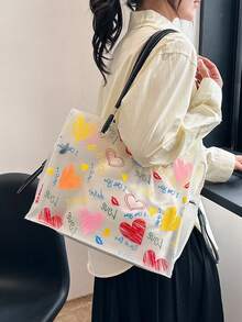 Women's Fashionable Heart-Graffiti Transparent Tote Bag, Large Capacity Shoulder And Handbag - Black - View 4