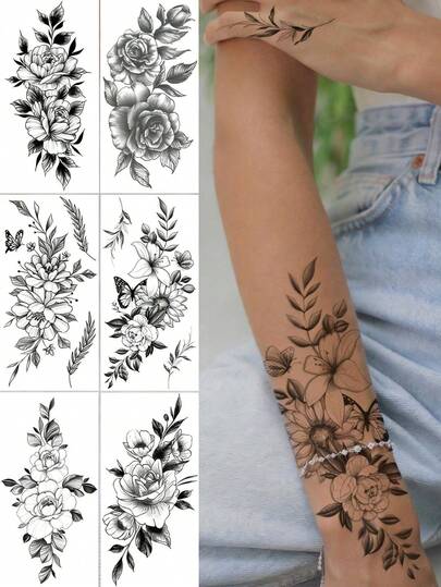 6pcs Floral Temporary Tattoos For Women, Realistic & Long-Lasting Fake Tattoos, Large Body & Arm Tattoo Stickers, Suitable For Adults Neck & Arms