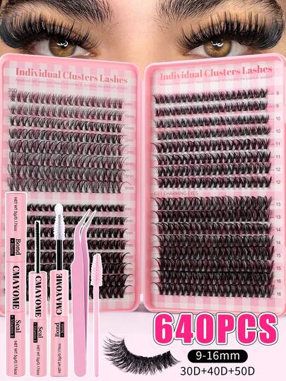 640/60件套，包含528支睫毛胶水套装（D型卷翘），DIY睫毛嫁接套装，单根睫毛，包含10-16毫米混合长度的睫毛簇，多种混合密度的簇状睫毛，柔软的睫毛，打造自然眼妆，假睫毛效果自然，簇状假睫毛外观自然，配有睫毛胶水、镊子和刷子，适合在家轻松DIY。可重复使用，不刺激皮肤，适合初学者。
