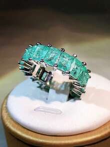 奢华帕拉伊巴公主切割绿色合成立方氧化锆戒指，女士珠宝礼品 - 白色 - 查看 1