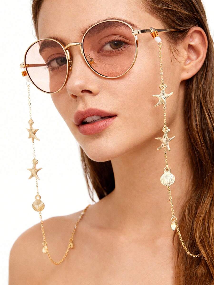 1 pieza Cadena de gafas de moda decorada con estrella de mar y conchas, cadena de gafas de moda de metal con estilo oceánico para mujeres, correa antideslizante para gafas de mujer, adecuada como cadena decorativa de gafas de moda para viajes y vacaciones