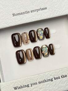 10pcs Handmade Square Short False Nails, Minimalist Brown, Shimmery Cat Eye, Hand-Painted Glitter Dotted Pattern, Elegant Luxury Handcrafted Nails For Spring/Summer, Multifunctional DIY Fake Nails Suitable For Party, Daily Wear, Date, Beach Holiday, Gift For Women & Girls - Multicolor - View 3