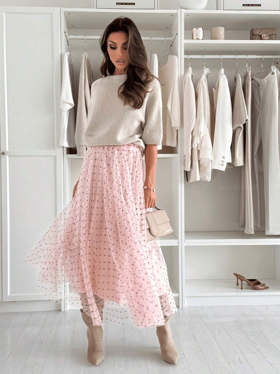 Falda de línea A de malla con lunares estilo casual para mujer, falda de cintura alta de estilo romántico suave, versátil para citas, ir al trabajo, diseño de estilo hada, ligera y fluida, que estiliza para vacaciones - Rosa - Ver 1