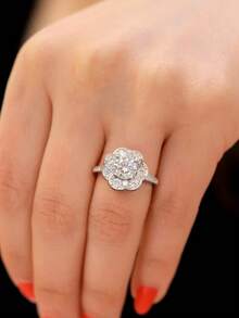 Newsoul 1pc 1 Carat Moissanite & Diamond Flower Engagement/Wedding Ring, 925 Sterling Silver Luxury Jewelry, Valentine's Day Gift - Silver - View 3